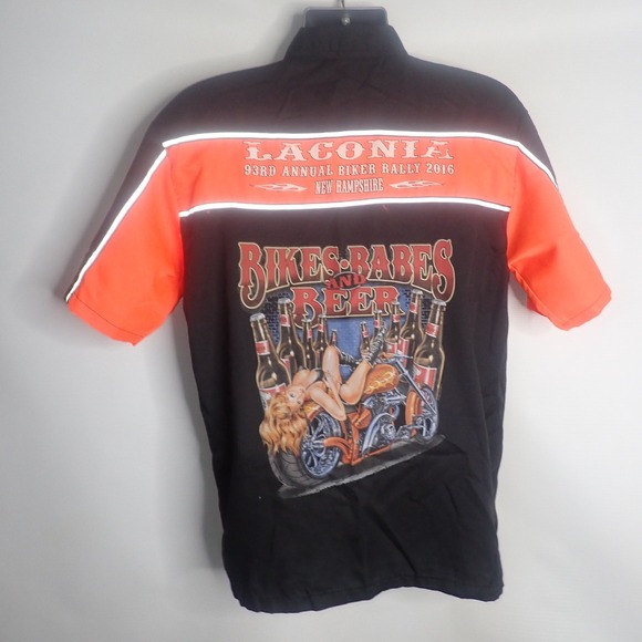 Laconia Biker Rally Shirt Bikes Babes Beer Graphic Short Sleeve Button Up - Picture 1 of 8